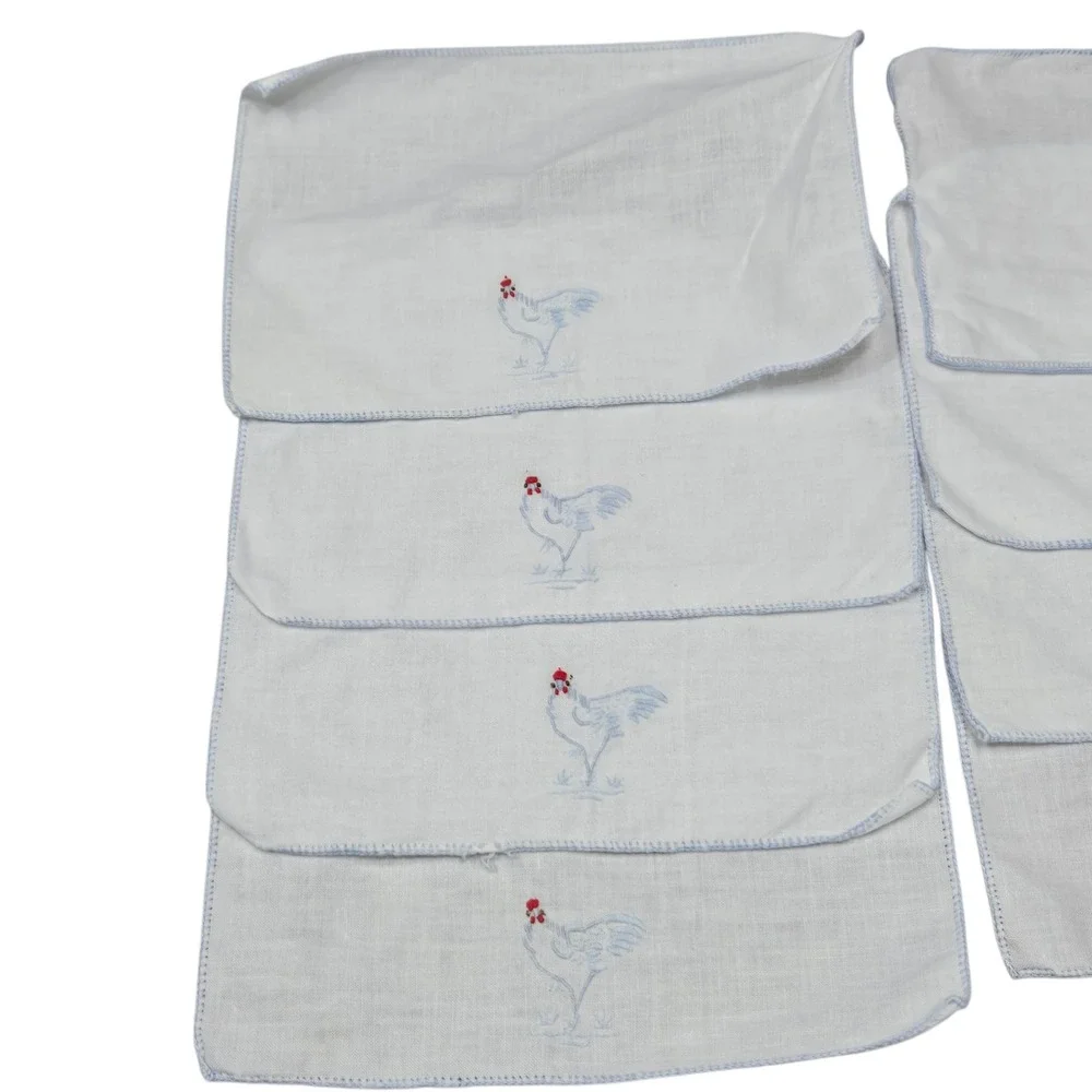 Vintage Country Set of 8 Embroidered Linen Cocktail Napkins‎ White Blue Chicken